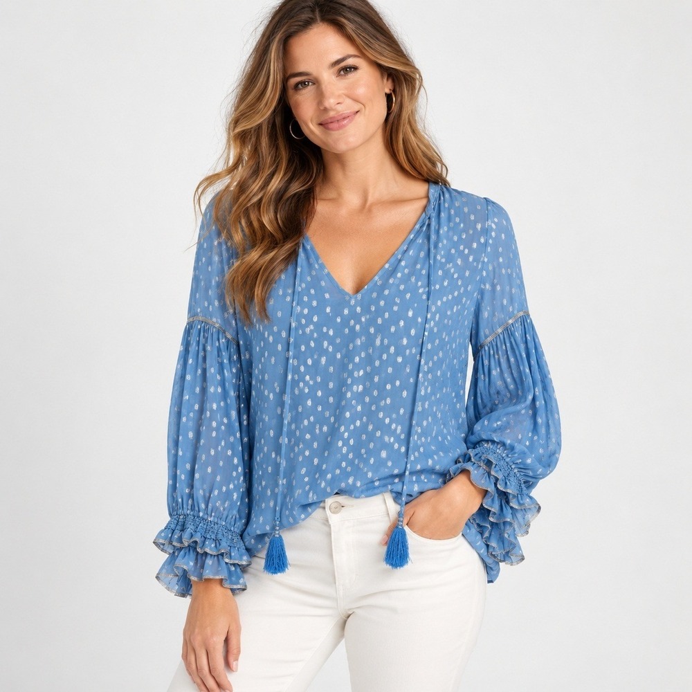 Rococo Sand Chiffon Blouse Womens S Blue Ruffled V Neck Feminine Fairy Resort